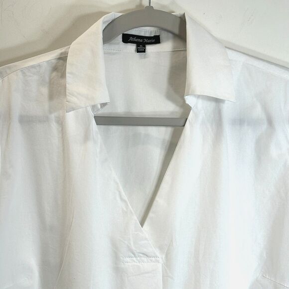 Athena Marie Blouse Size XL White Collared V-Neck Flowy Side Zip Flared Sleeves - Picture 2 of 14